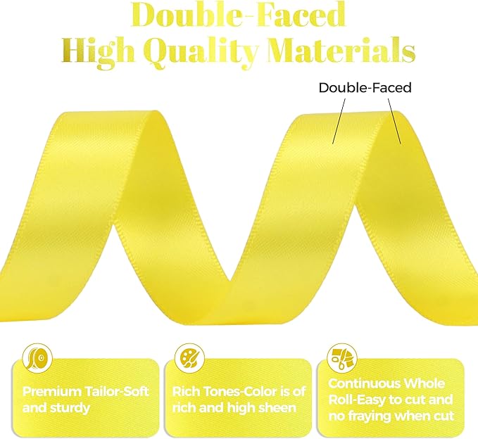 Lemon Yellow Satin Ribbon, Double Faced 5/8 Inch X 25 Yards Lemon Yellow Ribbon, Premium Satin Ribbon for Gift Wrapping, Crafts, Hair Bow Making, Sewing, Flower Bouquet, Wedding Party Decor