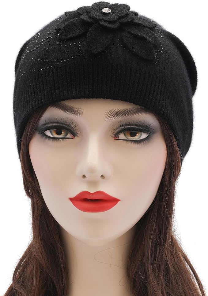 ZLYC Women Floral Slouchy Beanie Hat Double Layer Winter Knit Skull Cap