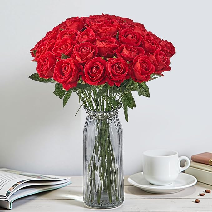 VEVOR Artificial Flowers, 60 pcs Real Looking Red Foam Fake Roses Bulk, Faux Red Bridal Shower with Stems for DIY Wedding Bouquets, Home Centerpieces Arrangements, Party Tables Decorations