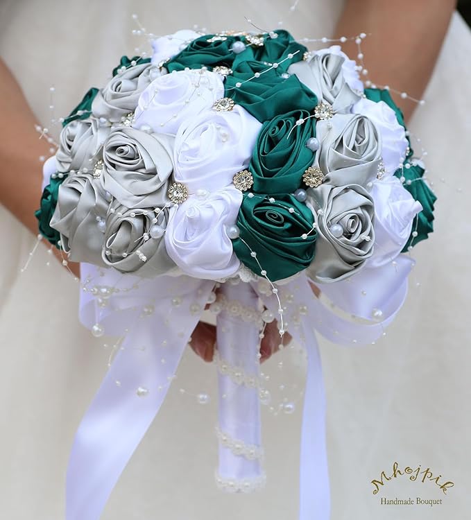 Bridal Wedding Bouquet Round Bling Brooch Bouquet Throw Toss Artificial Rose Flower Bunch for Bride Bridesmaid Wedding Quinceanera(Dark Green, Silver & White, 7.5")