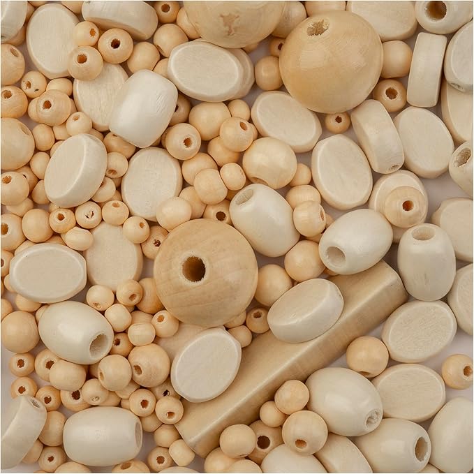 John Bead 90g Craft Beads Assorted Natural Colors Wood Beads with Elastic Nylon Cord