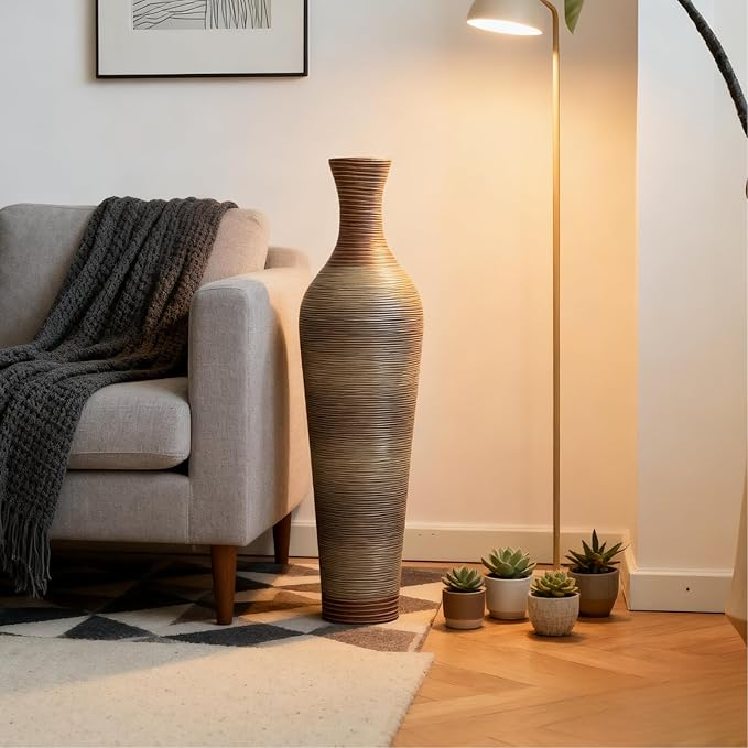 39-Inch Tall Vintage Floor Vase - Premium PVC Rattan Weave, Large Brown Standing Vase, Flower Holder for Home Decor (Light Brown)