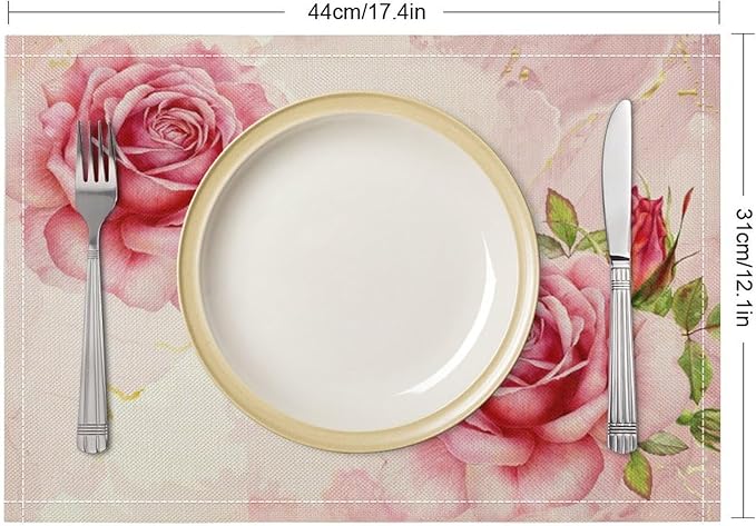 Pink Flower Placemats Set of 6, 17x12 Inch Romantic Watercolor Floral Rose Print Table Mats for Home Party Kitchen Dining Decor