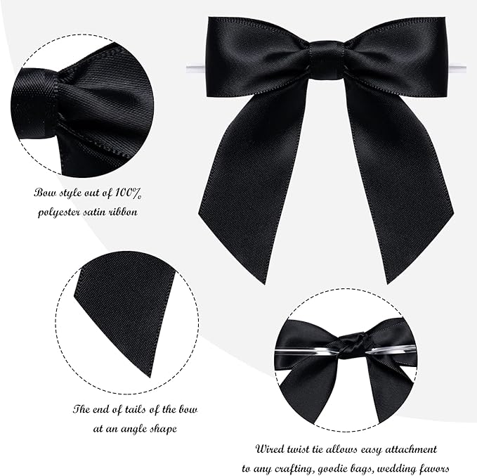 WRAPAHOLIC 30 Pcs 3" Black Satin Ribbon Bows with Twist Tie - Pretied Premade Craft Bows for Christmas Party Crafts Treat Bags Gift Wrapping Wedding Birthday Baby Shower
