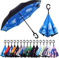 Inverted Umbrella, 49 Inch Double-Layer Vented Reverse Umbrella, Windproof Waterproof UV Protection, Lightweight C-Handle, Fiberglass Ribs, Steel Shaft, Travel/Commute/Car Use, With Sleeve