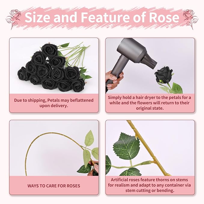 6 PCS Black Roses Artificial Flowers, Fake Roses Bouquet, Artificial Black Rose with Stems for Wedding Flowers Decoration, Valentines Day Mothers Day, Bridal Bouquet Rose