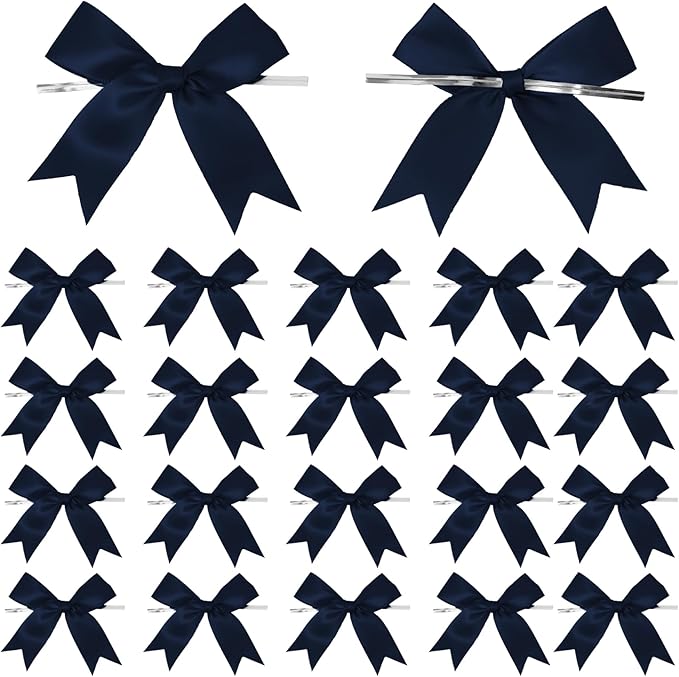 50 Counts Navy Blue Twist Tie Bows 3.1" Pre-Tied Satin Ribbon Bow Decor Mini Twist Tie Bows for Gift Wrapping Treat Bags Cake Bridal Baby Shower Birthday Party Favors Wedding Decorations