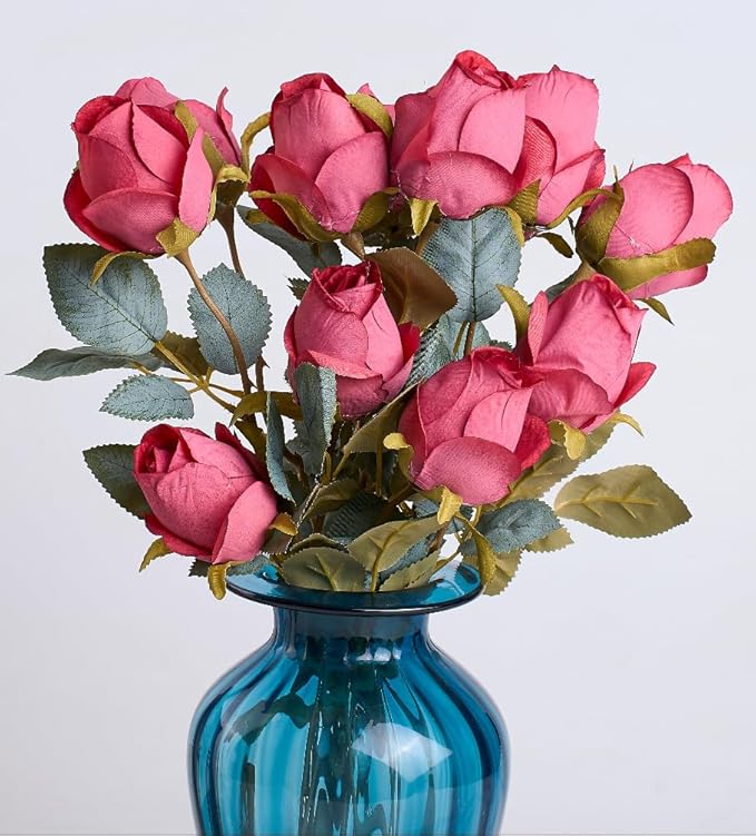 Red Rose Artificial Flower Buds 12pcs Realistic Faux Silk Roses Fake Flowers Bouquets Arrangements Decor for Wedding Spring Mother's Day, Home Table Decorations, Dark Magenta Flower