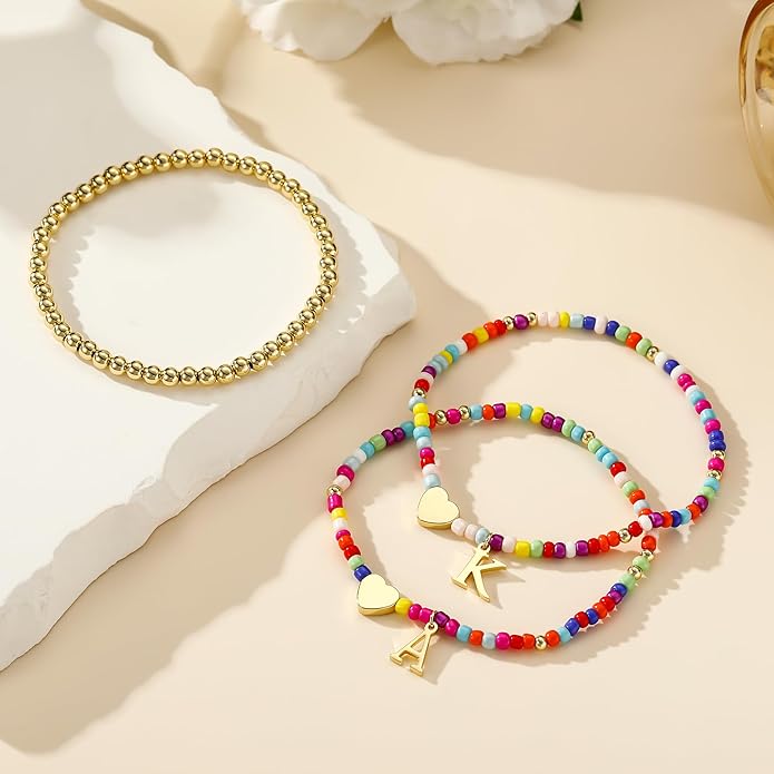 Ritach Christmas Gifts for Teens Girls Kids - 2PCS Colorful Heart Initial Bracelet Stackable Real Gold Plated Stretchable Beaded Bracelets for Teen Girls Kids Birthday Gifts Stocking Stuffers