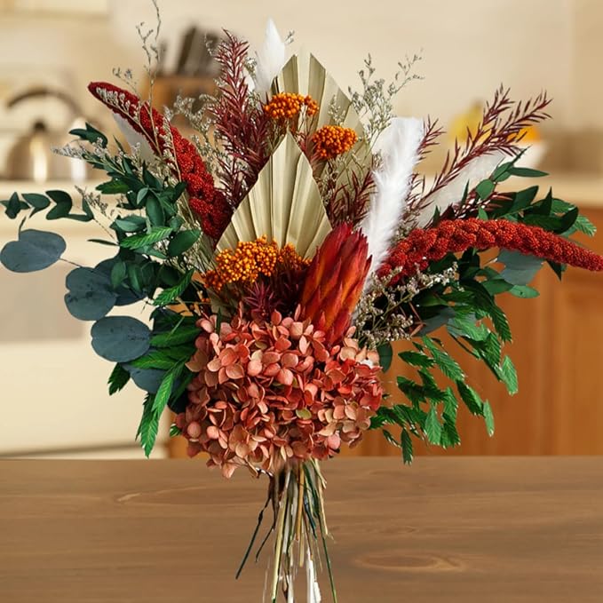 Natural Dried Flower Bouquet - Fall Pampas Grass & Eucalyptus Decor, Preserved Plants Bundle for Vases, Rustic Floral Arrangements for Home Wedding Table Centerpiece Decorations