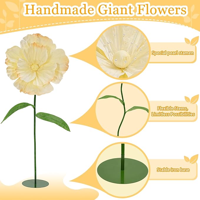 Giant Fake Flowers 5.77FT - Light Yellow Large Paper Flowers 3D Artificial Floral Wedding Decorations for Birthday Party Outdoor Banquet Event Home Backdrop Decor
