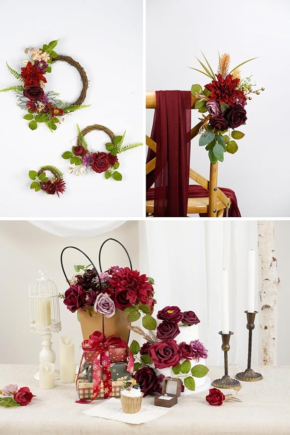 Burgundy Artificial Flowers Combo Box Wedding Decor,Fake Flowers,Flowers for Decoration,Silk Flowers for Home Decor Indoor,Cake Flowers,Faux Flowers for Crafts