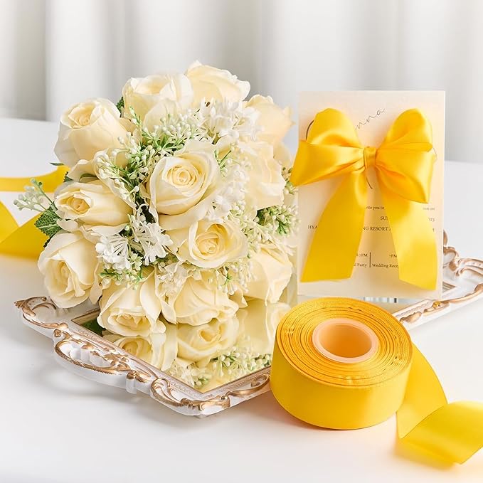 1-1/2 Inches 50 Yards Yellow Satin Ribbon, Solid Fabric Ribbon Roll for Flower Bouquets, Gift Wrapping, Wedding, Handmade Crafts
