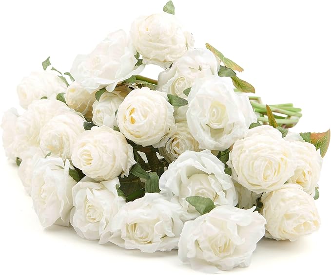 Rose Artificial Flower 28pcs Realistic Faux Silk Roses Fake Flowers Bouquets Arrangements Decor for Wedding Spring Mother's Day, Home Table Decorations, White Flower