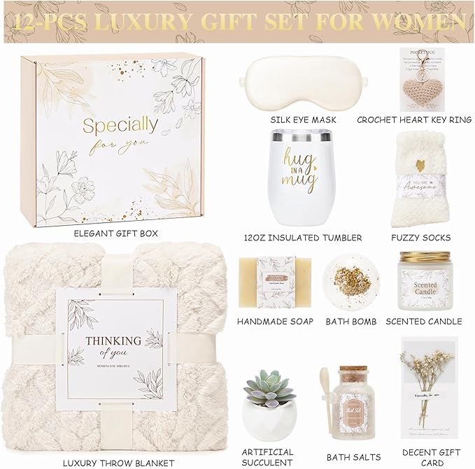 Get Well Gifts for Women Self Care Gifts Basket - Relaxing Spa Care Package After Surgery Thinking of You Birthday Gift - Feel Better Sympathy Gift Set for Her Mom Sister Friend Wife (Beige)