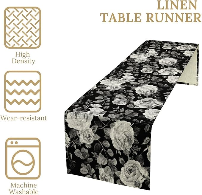 Vintage Black Flower Table Runner, Retro Roses Blossom Eucalyptus Plants Botanical Branches Dark Gothic Floral Table Runner for Home Party Indoor Outdoor Decor, 13x108inch