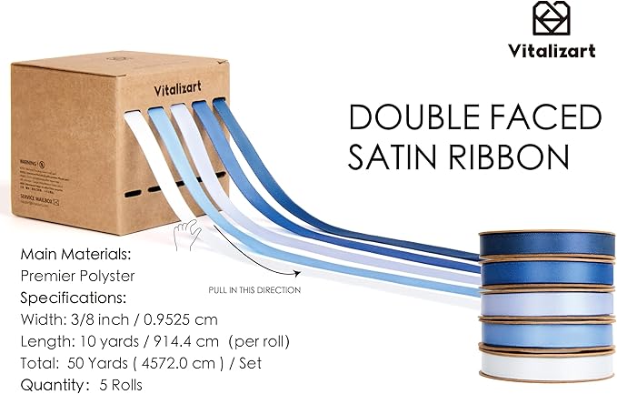 Vitalizart Blue Ribbons for Crafts 3/8" x 50 Yd Satin Ribbon Double Face Gift Wrapping Silk Like Fabric Flower Bouquet Birthday Party Decorations Bridal Shower Wreath Hair Continuous Navy Baby Blue