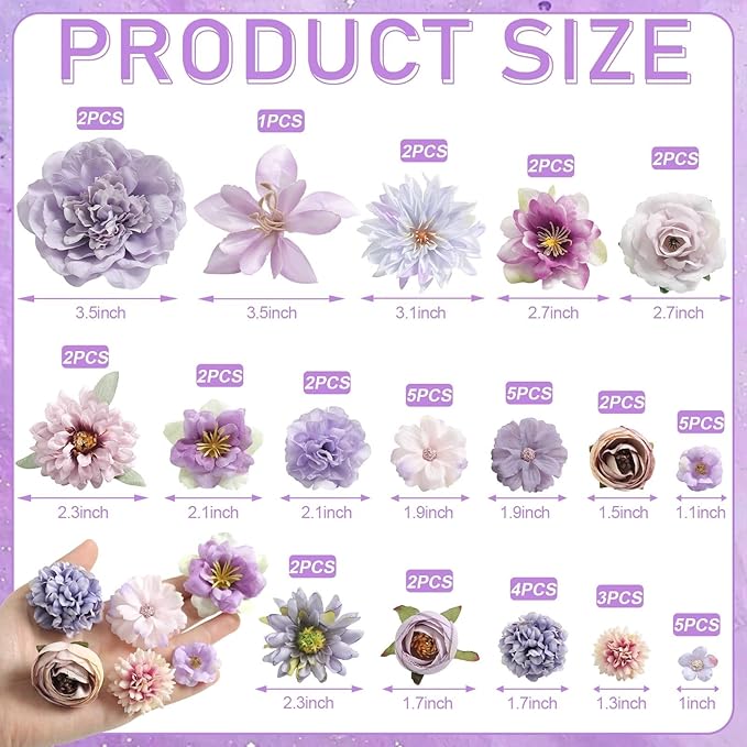 Artificial Flowers Heads Combo Purple Flowers Mix Silk Flowers Heads Bulk Faux Rose for Craft Garland Graduation Cap Wedding Bridal Baby Shower Home Party Decoration DIY Cake Decor