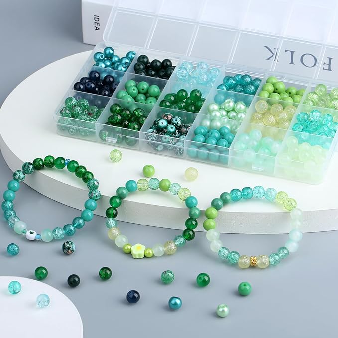 DUQGUHO 8mm Green Glass Beads Bulk 360PCS, 16 Colors, Perfect for Jewelry Making, DIY Crafts & Home Decor