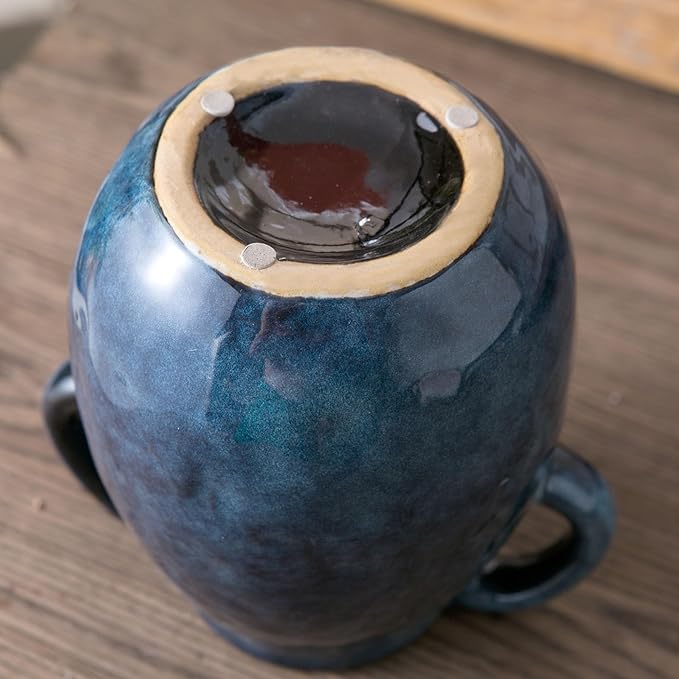 Blue Ceramic Vase with 2 Handles for Modern Farmhouse Home Decor, Vintage Rustic Decorative Vases, Small Vase for Fresh and Dried Flowers, Centerpiece Table Decorations, 7 Inch
