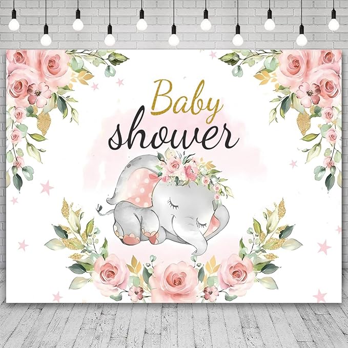 10x6.5ft Elephant Baby Shower Backdrop for Girl Pink Flowers Photography Background Newborn Girls Birthday Banner Decorations Sweet Princess Baby Party Portrait Photo Booth Prop