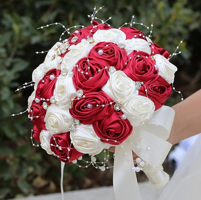 Bridal Wedding Bouquet Round Bling Brooch Bouquet Throw Toss Artificial Rose Flower Bunch for Bride Bridesmaid Wedding Quinceanera(Ruby Red & Ivory, 9.8")