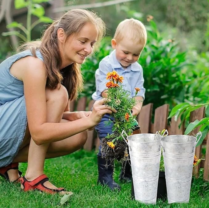 4pcs 10inch Small Galvanized Flower Bucket,Small Metal Vases for Flowers,Metal Vase,Flower Vases for Bouquet,Flower Buckets for Flower Bar Supplies (Silver,10inch Height,Set of4)