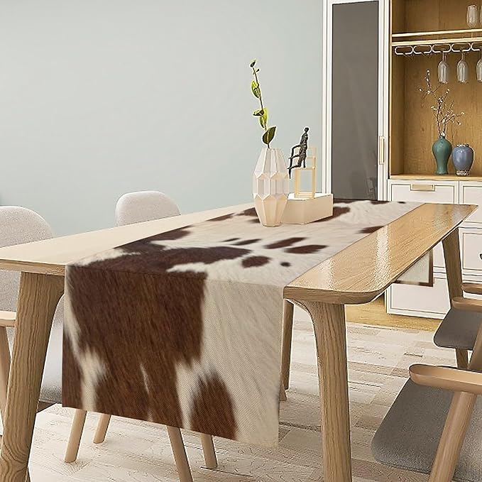 Cow Print Table Runner, Brown Cowhide Western Style Runner Country Farmhouse Cottage Patten Decoration for Home Kitchen Dining,13x120 Inch