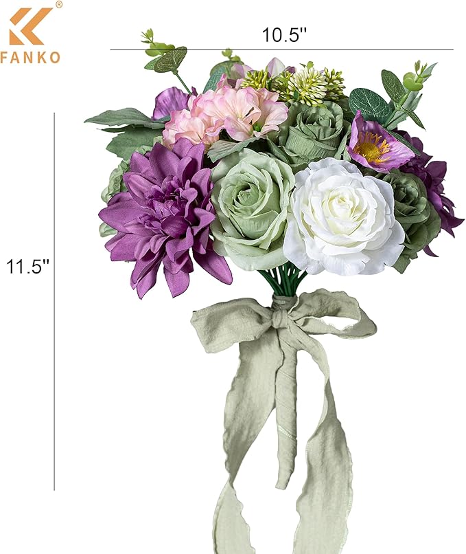 FANKO Artificial Flowers Green Rose, Mixed Combo Fake Silk Flowers White Rose Purple Dahlia Gradient Vintage Assorted Blooms for DIY Wedding Bridal Bouquets/Centerpieces/Home Decor