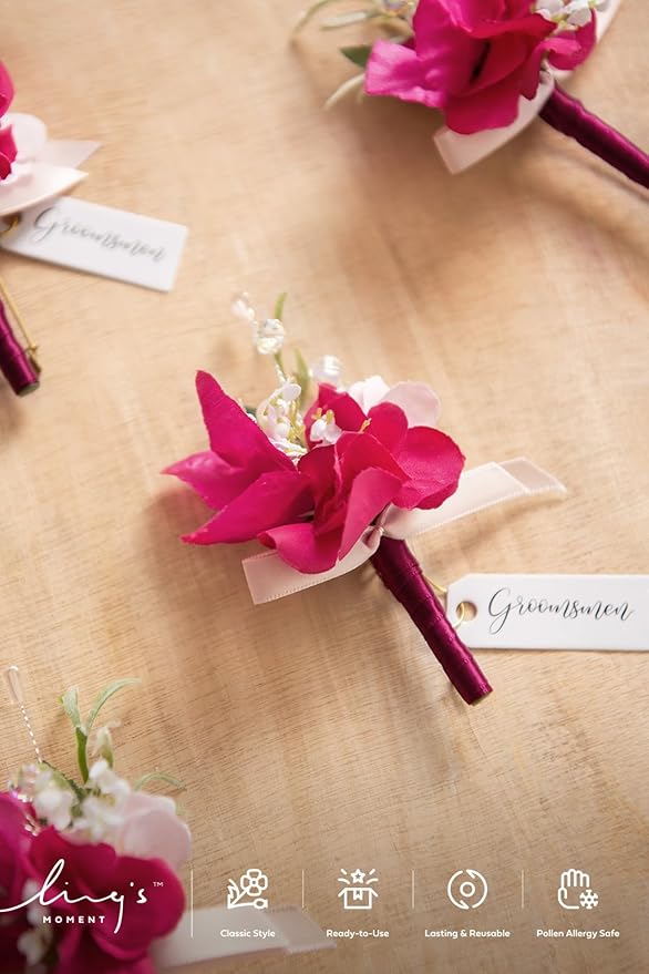 Ling's moment Boutonniere for Men, 6pcs Groom Groomsmen Boutonniere, Artificial Flowers for Wedding Decor/Prom/Homecoming, etc.Blush Hot Pink
