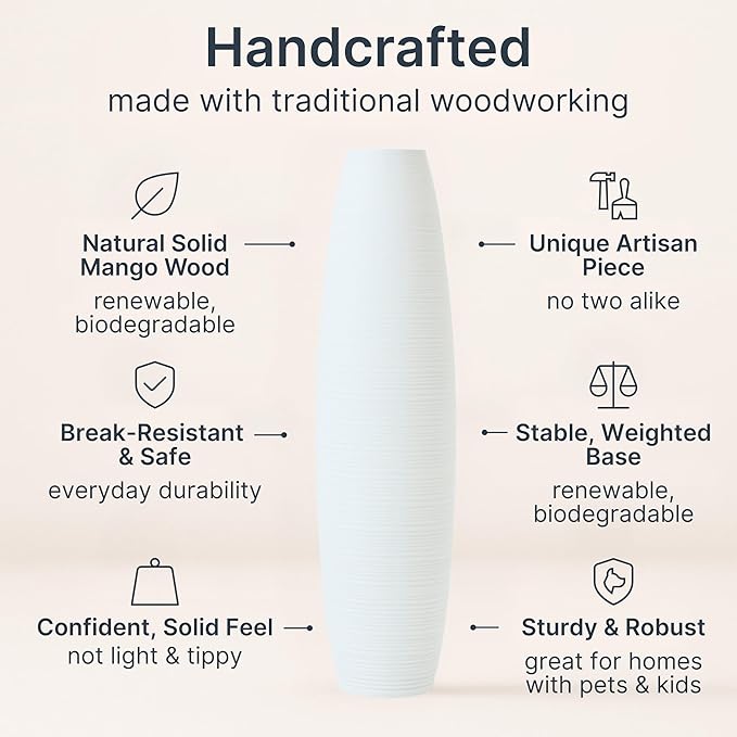 Leewadee Large 34″ Tall Floor Vase, White - Handcrafted Mango Wood for Pampas & Dried Stems
