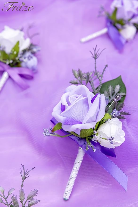 Fnize Purple Boutonniere for Men, 6 Pcs Groom Groomsmen Boutonnieres, Artificial Flowers for Wedding Prom Homecoming