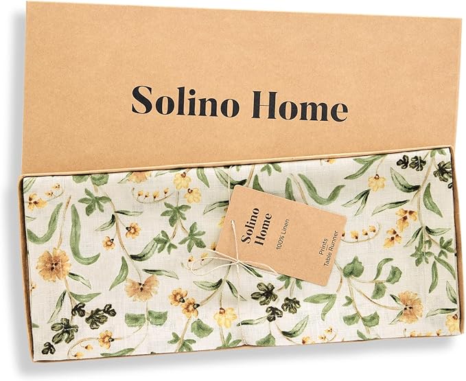 Solino Home 100% Pure Linen Table Runner 90 Inches Long - Multicolor Floral Print Table Runner 14 x 90 Inch - Handcrafted and Machine Washable - Fall Botanical Print