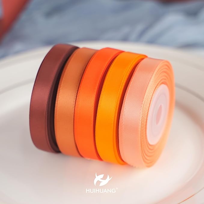 HUIHUANG Satin Ribbon 3/8 inch Orange Terracotta Double-Faced Silk Satin Ribbons for Hair Crafts Bows Making Gift Wrapping Fall Wedding Bridal Shower Decor - 5 Rolls, Total 50 Yards