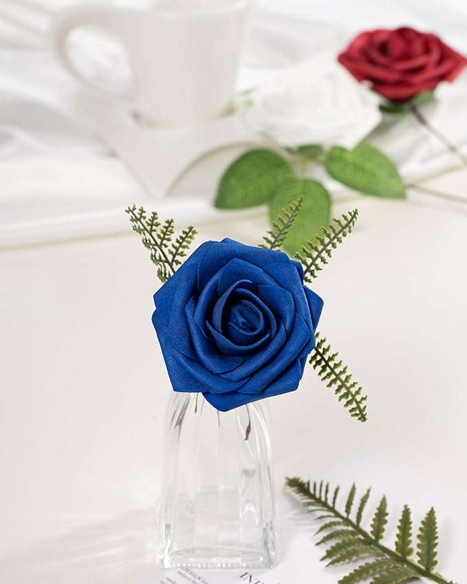 DuHouse 25Pcs Artificial Roses Flowers Fake Rose with Stems Real Touch Foam Flowers for DIY Wedding Bouquet Baby Shower Centerpiece Floral Arrangement Party Home Decor(Blue White Red)