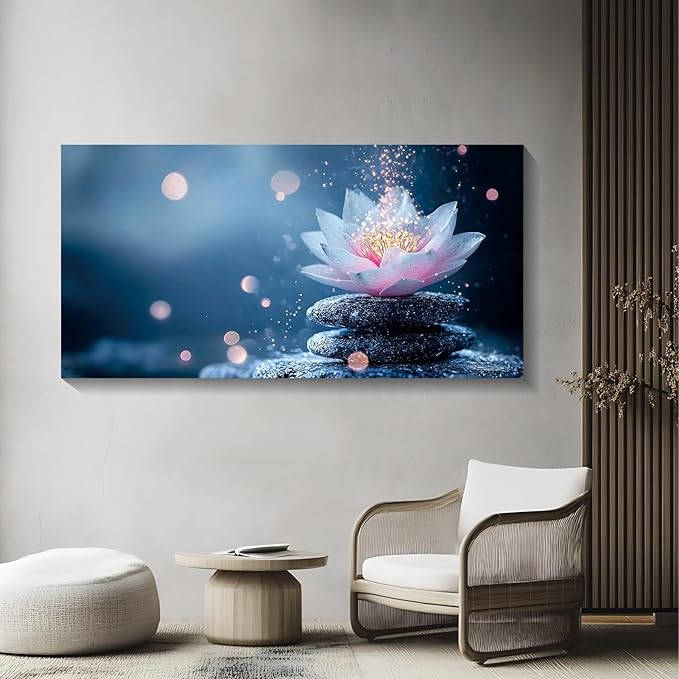 Iallbin Buddha Wall Art & Zen Wall Decor White Lotus on Water Canvas Painting - for Yoga Meditation Room, Spa & Bathroom, Iallbin Zen Stone Wall Art & Zen Wall Decor, Single Luminous Lotus Flowe Spiritually Uplifting Quality -for Yoga Meditation Room, ...