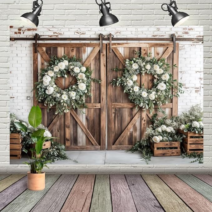 Rustic Barn Door Photography Backdrops, White Flower Wood Brown Barn Door Backdrop, Wedding Birthday Party Decors Photo Booth Props 7x5ft