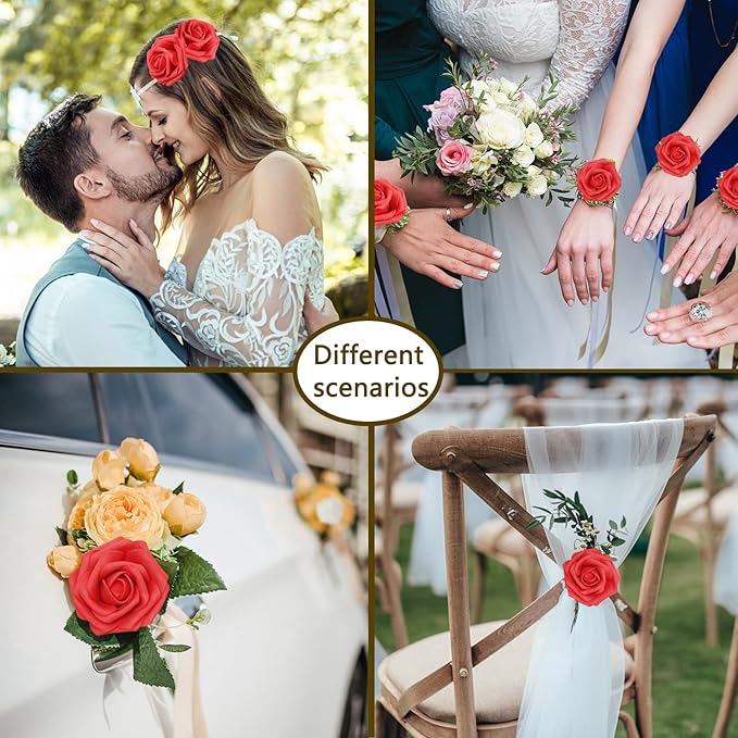 Artificial Roses Flowers 50pcs Real Looking Foam Fake Roses with Stems for DIY Wedding Bouquets Bridal Shower Centerpieces Party Decorations (50, Red)