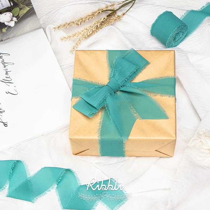 Ribbli Teal Chiffon Silk Ribbon - 1-1/2 inch x 20 Yard Handmade Fringe, Perfect for Weddings, Home Decor