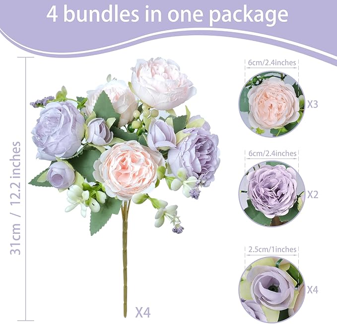 Peony Artificial Flowers, 4 Bundles Fake Peonies Faux Flower Centerpieces for Tables Vase, Bulk Pink Purple Silk Peonies Artificial Bouquet for Wedding Decorations Indoor Floral Arrangement