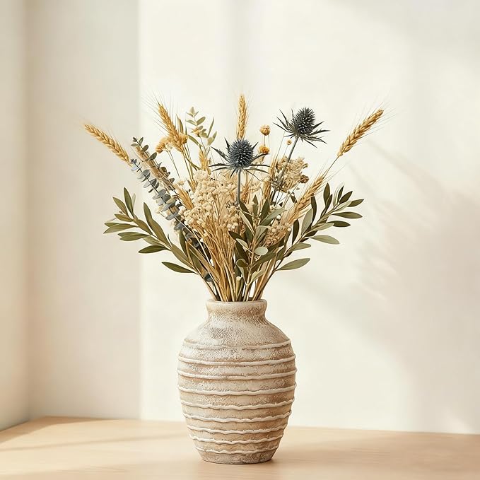 Ceramic Vase, 6.7 inch Ribbed Textured Minimalist Rustic Farmhouse Terracotta Vase for Home Decor, Table, Living Room, Entryway, Shelf, Mantel Decoration (Rust)