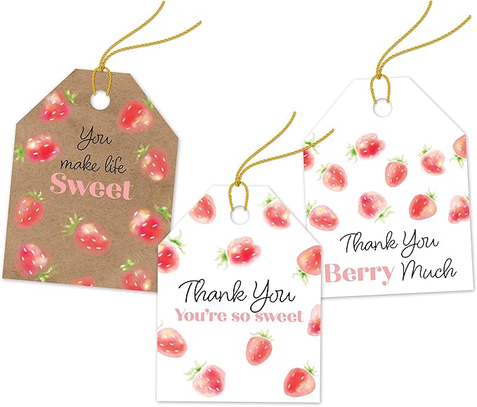 Pro Supply Global 24 Count of 2.5 Inch x 3 Inch Pre Strung Strawberries Gift Tag Assorted Printed Designs on Large Cardstock Gift Hang Tags - Ideal to Use on Bags