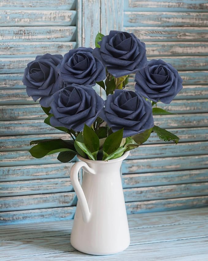 JOYLEX 50Pcs Navy Blue Artificial Flowers Realistic Roses, Real Looking Fake Roses with Stem for DIY Wedding Bouquets Centerpieces Bridal Shower Party Home Romantic Decorations (Navy Blue, 50pcs)