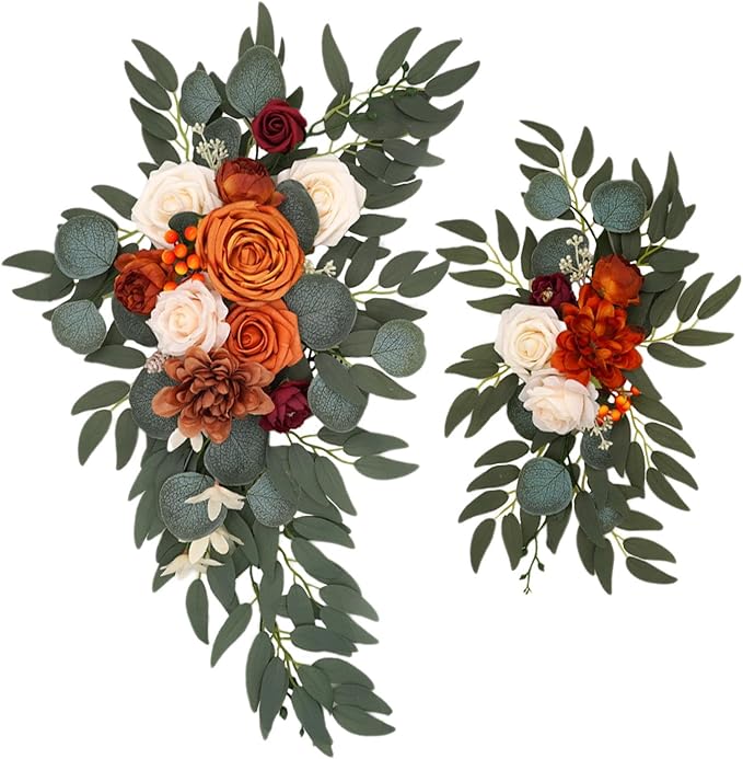 Orange Faux Flower Swag Set of 2, Artificial Flowers Swags for Wedding Arch, Wedding Welcome Signs, Welcome Reception Ceremony Signs Decorations