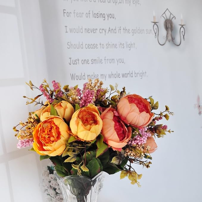 2pcs Artificial Peony Bouquets,19 Inch Silk Peony Bunch with 7 Faux Flowers,Classical Style Artificial Flowers with Leaves and Ornaments for Wedding,Home Décor Centerpieces(Orange)
