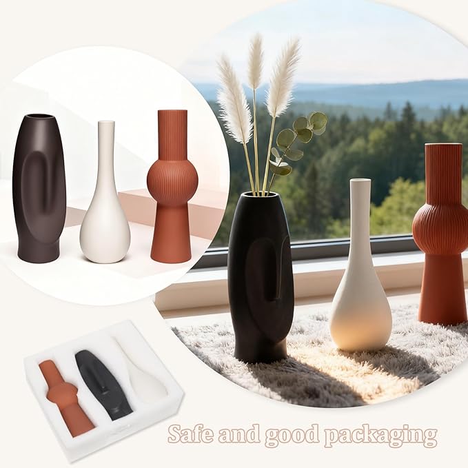 Modern Ceramic Vase Set of 3 with Creative Easter Island Moai Abstract and Grooved/Teardrop Design, Perfect for Pampas Grass, Fall Decor, Boho and Farmhouse Home Living Room Decor