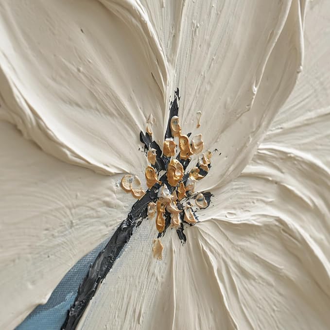 JUHOME Hand-Painted White Floral Canvas Wall Art, 24x36 In Textured Abstract Oil Painting, Vertical Modern Artwork for Living Room, Bedroom, Corridor, Office Decoration