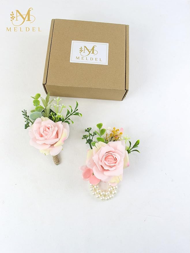 Meldel Wrist Corsage and Boutonniere Set(2pcs), Artificial Silk Rose Pink Wrist Flower for Bride Bridesmaids, Boutonniere for Groom Best Man Wedding Flower Accessories Prom Ceremony Party Decor