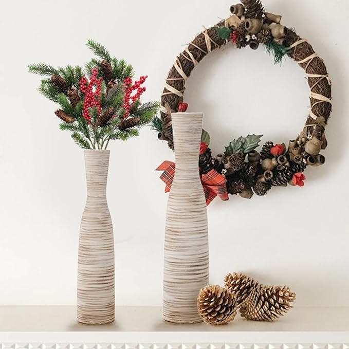 ALMA 16" Tall Floor Vase for Pampas Grass,White Brown Ceramic Centerpiece for Dresser, Skinny Pampas Grass Vessel for Floor, Entryway Table, Fireplace Decor