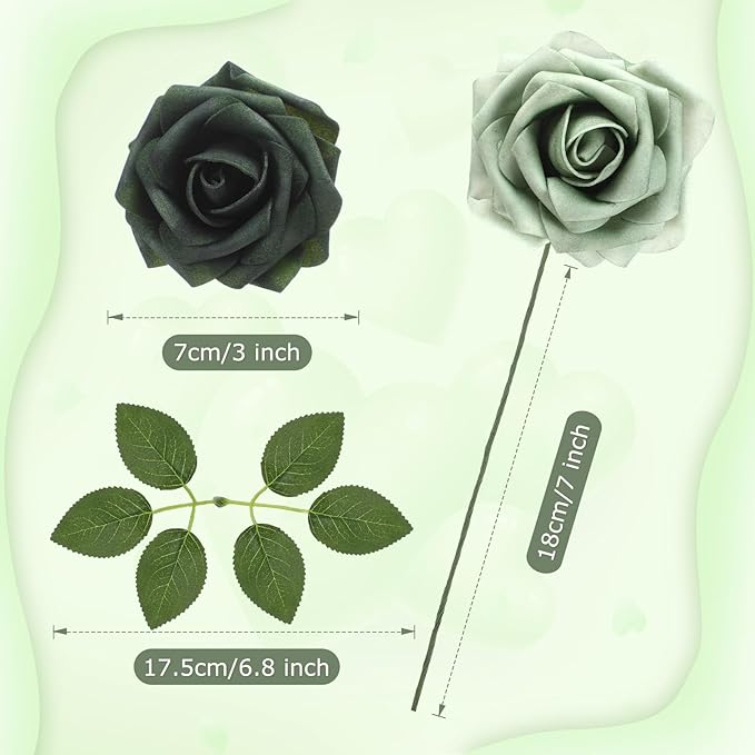 100 Pieces Artificial Foam Rose Flowers Faux Bouquet with Leaves and Stems for DIY Wedding Bouquets Centerpieces Bridal Shower Party Valentine Home Decorations (Shades of Emerald)